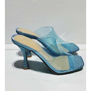 New Betsey Johnson Banks Champagne Blue Rhinestone Clear Toe Slide Heels Wmn 6.5